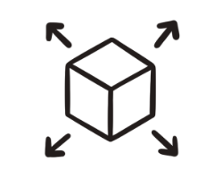 Icone représentant une mission intégrale : un cube et des flèches multi directionnelles